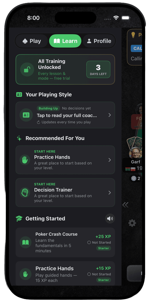 PokerBrain Learn tab — structured lessons, quizzes, and training modules