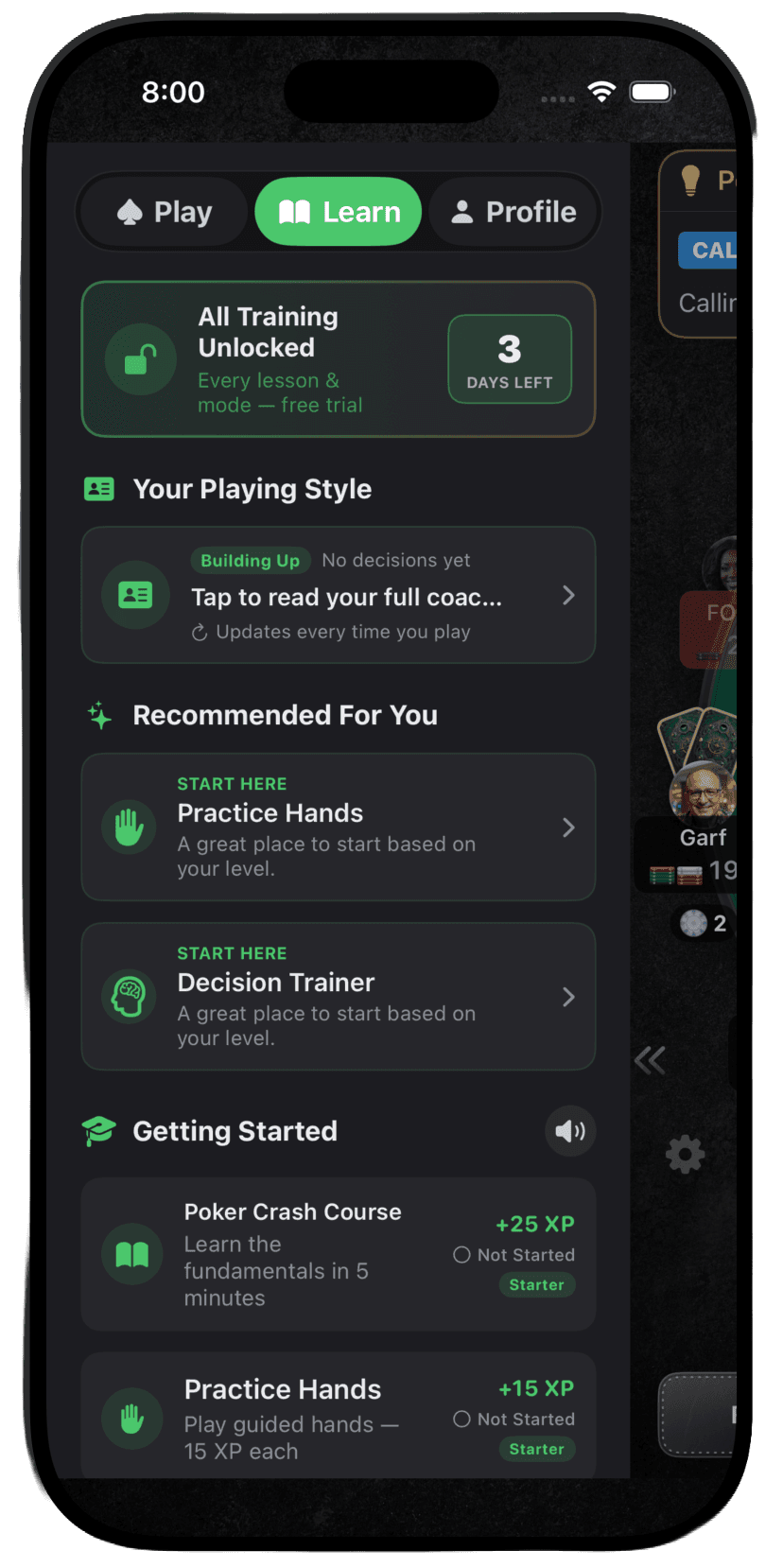 PokerBrain Learn tab β structured lessons, quizzes, and training modules